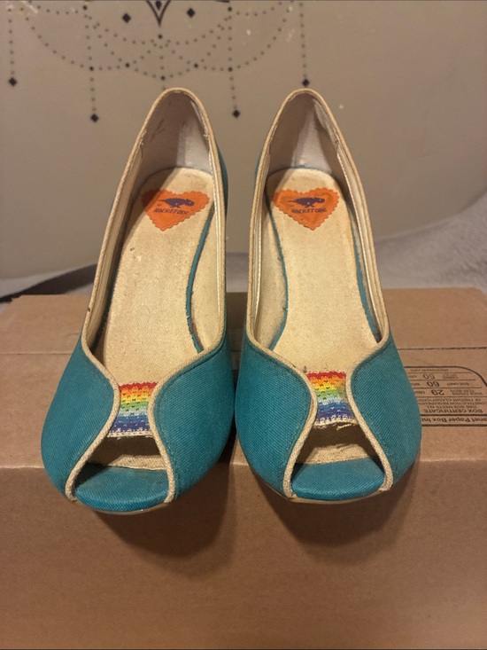 Rocket Dog Shoes - Rocket Dog Teal Canvas Peep-Toe Heels with Rainbow Accent